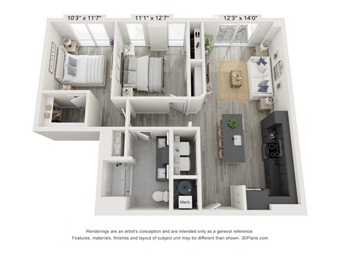 Floor plan for 2 beds, 1 bath, 991 sqft